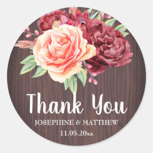 Rustic Burgundy Floral Watercolor Wedding Classic Round Sticker