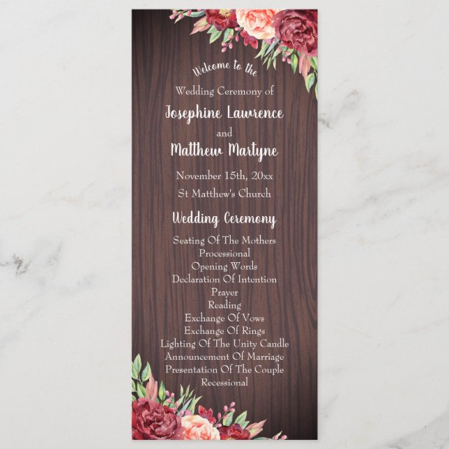 Rustic Burgundy Floral Watercolor Wedding Program (Front)