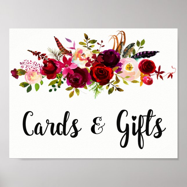 Rustic Burgundy Floral Watercolor Wedding Sign (Front)