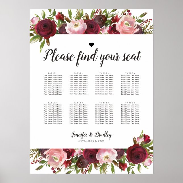 Rustic Burgundy Floral Wedding 8 Table Chart (Front)