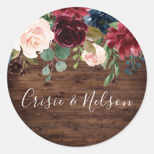 Rustic Burgundy Floral Wedding Engagement Party Classic Round Sticker
