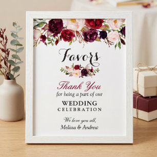 Rustic Burgundy Floral Wedding Favours Thank You Poster
