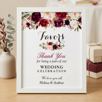 Rustic Burgundy Floral Wedding Favours Thank You Poster