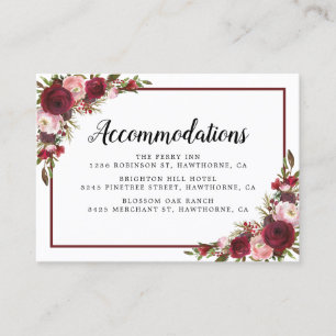 Rustic Burgundy Floral Wedding Hotel Accommodation Business Card
