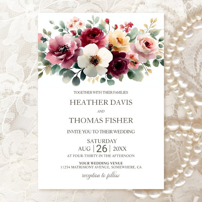 Rustic Burgundy Floral Wedding Invitation (Creator Uploaded)