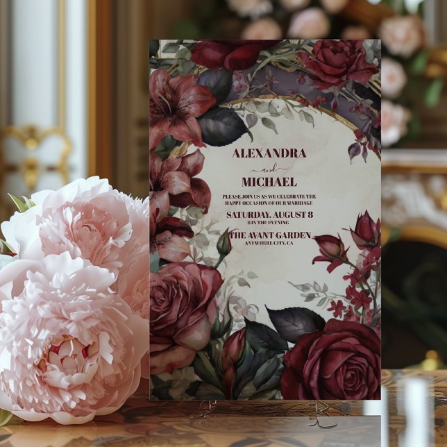 Rustic Burgundy Floral Wedding Invitation (Creator Uploaded)