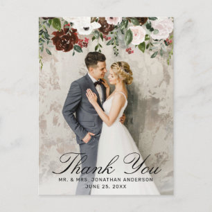 Rustic Burgundy Floral Wedding Photo Thank You Postcard