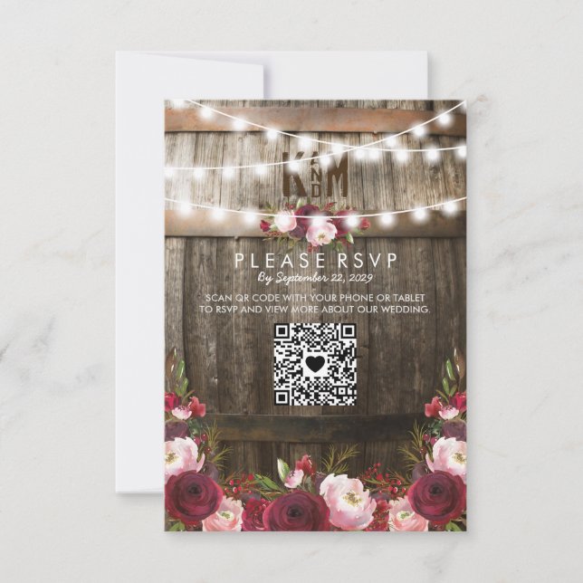 Rustic Burgundy Floral Wedding QR RSVP Card (Front)