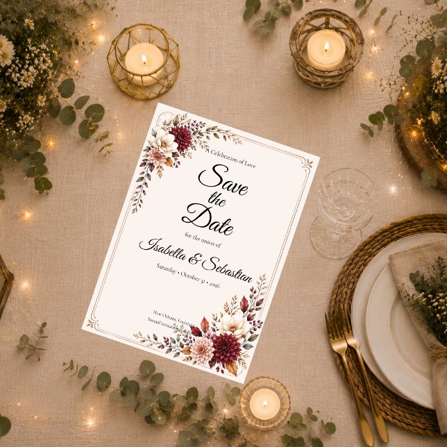 Rustic Burgundy Floral Wedding Save The Date (Creator Uploaded)