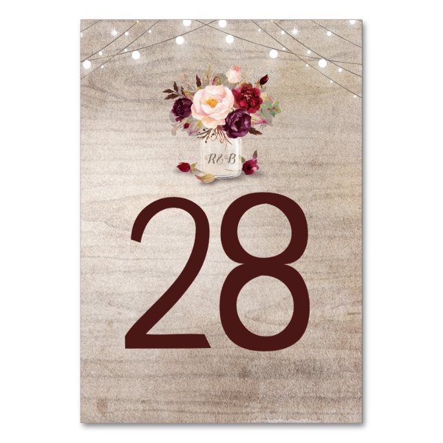Rustic Burgundy Floral Wedding Table Number Cards (Front)