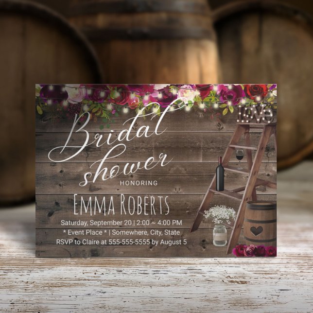 Rustic Burgundy Floral Wine Barrel Bridal Shower Invitation (Creator Uploaded)