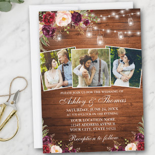 Rustic Burgundy Floral Wood 3 Photo Lights Wedding Invitation