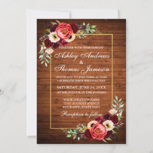 Rustic Burgundy Floral Wood Boho Wedding Invite