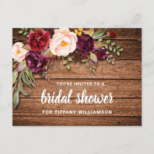 Rustic Burgundy Floral Wood Bridal Shower Invitation Postcard