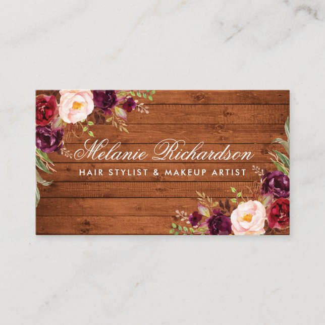 Rustic Burgundy Floral Wood Business Card (Front)
