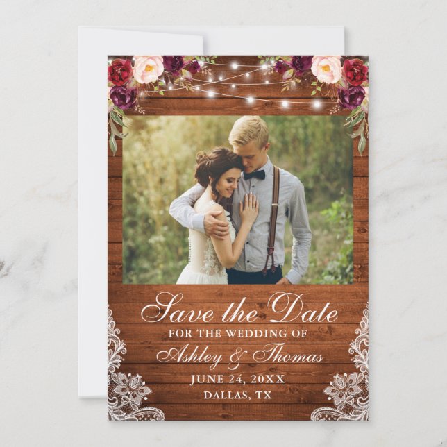 Rustic Burgundy Floral Wood Lights Lace Photo Save The Date (Front)