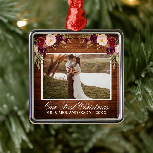 Rustic Burgundy Floral Wood Our First Christmas Metal Ornament (Tree)