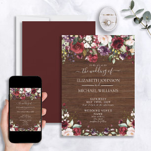 Rustic Burgundy Floral Wood Script Wedding Invitation