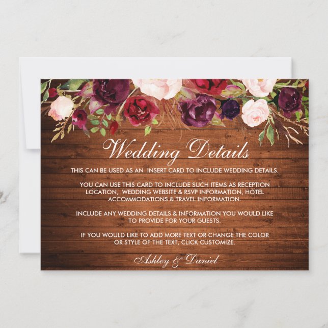 Rustic Burgundy Floral Wood Wedding Details Card (Front)