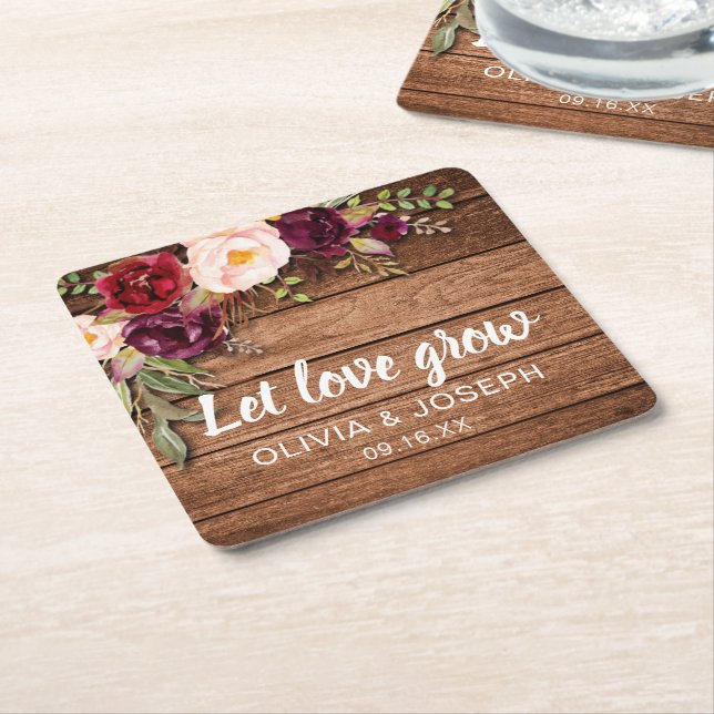Rustic Burgundy Floral Wood Wedding Favour Square Paper Coaster (Angled)