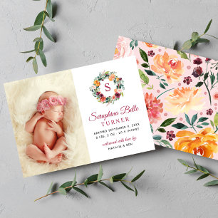 Rustic Burgundy Floral Wreath Monogram Photo Birth Announcement