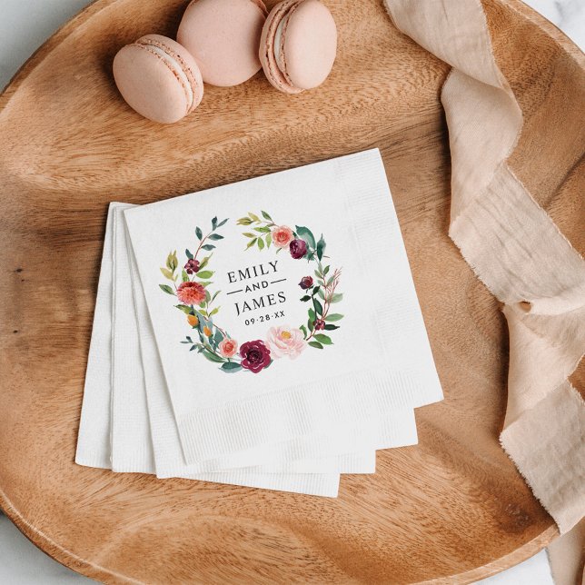 Rustic Burgundy Floral Wreath Wedding Monogram Napkin (Creator Uploaded)