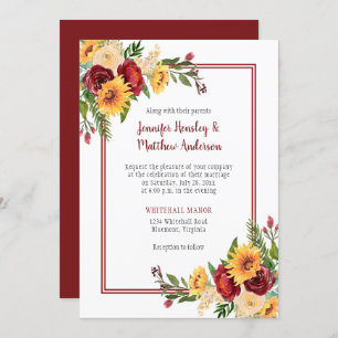 Rustic Burgundy Floral Yellow Sunflowers Wedding Invitation