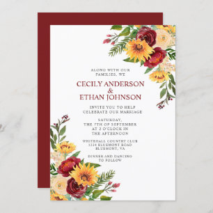 Rustic Burgundy Floral Yellow Sunflowers Wedding Invitation