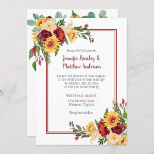 Rustic Burgundy Floral Yellow Sunflowers Wedding Invitation