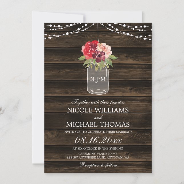 Rustic Burgundy Flowers Mason Jar Fall Wedding Invitation (Front)