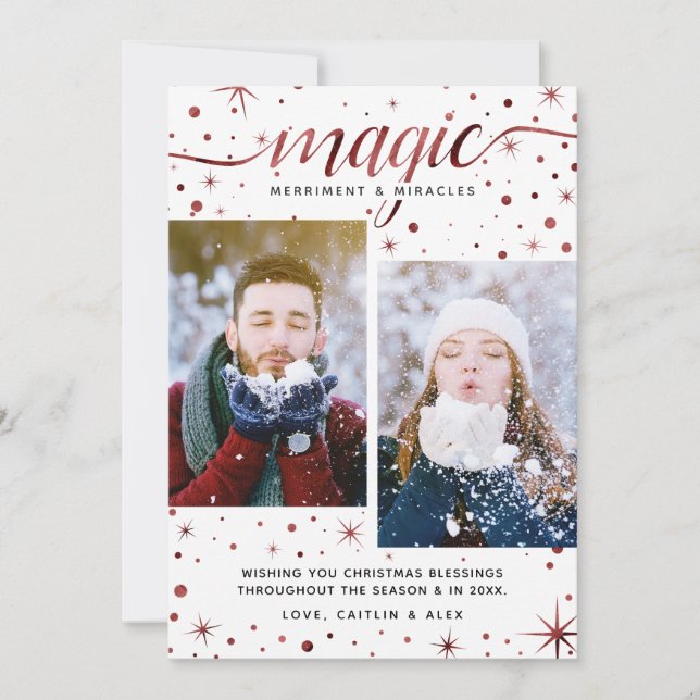Rustic Burgundy Galaxy Magic, Merriment & Miracles Holiday Card (Front)