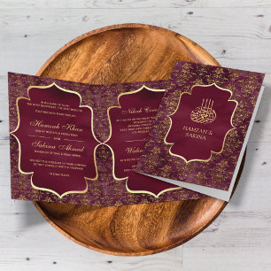 Rustic Burgundy Gold Damask Muslim Wedding Invitation
