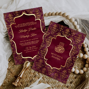 Rustic Burgundy Gold Damask Muslim Wedding Invitation