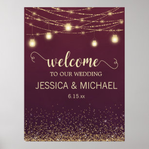 Rustic Burgundy Gold Glitter String Lights Wedding Poster