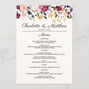 Rustic Burgundy Gold Watercolor Roses Wedding Menu