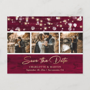 Rustic Burgundy Gold Wedding Photo Save The Date Announcement Postcard