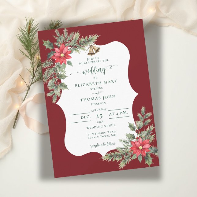 Rustic Burgundy Green Botanical Winter Wedding Invitation (winter wedding invitation christmas greenery floral poinsettia watercolor burgundy elegant rustic)
