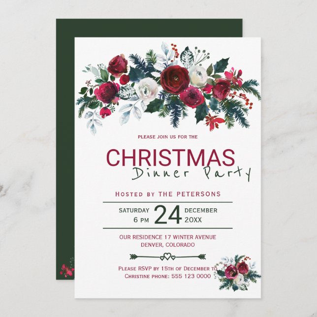 Rustic Burgundy Green Christmas Dinner Party Invitation (Front/Back)