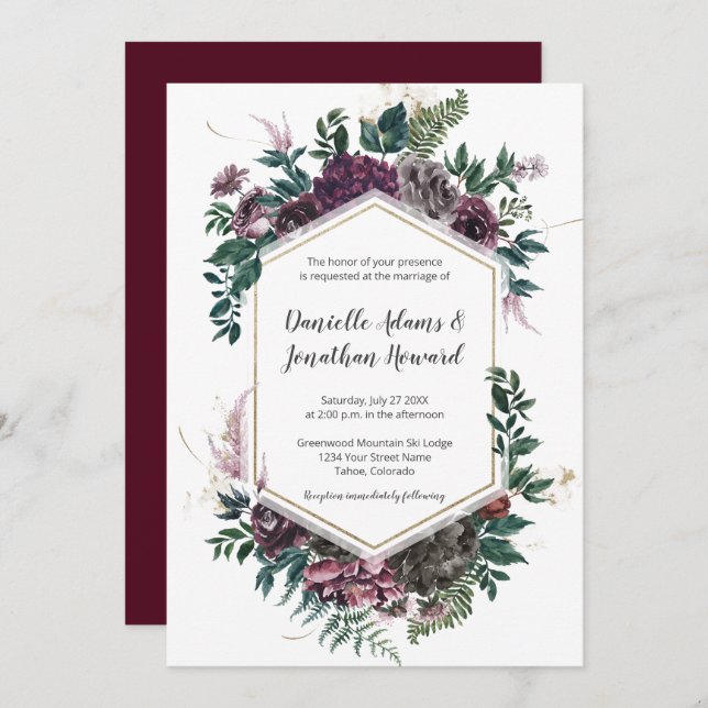Rustic Burgundy Grey Geometric Floral Wedding Invitation (Front/Back)