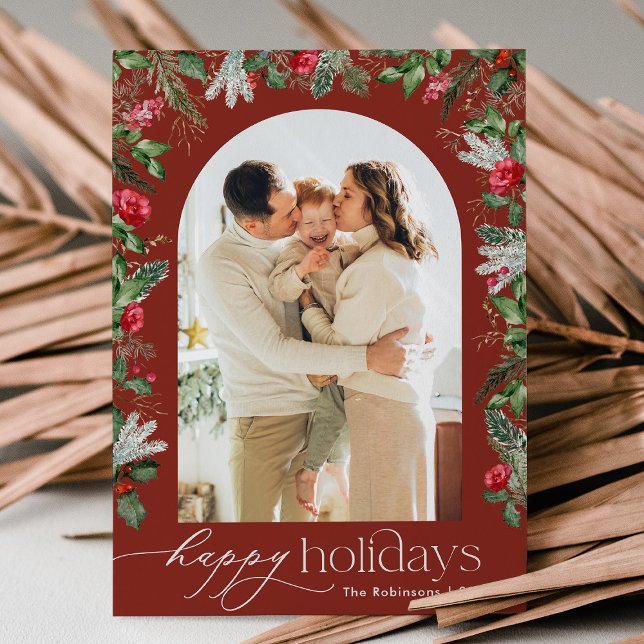 Rustic Burgundy Happy Holidays Foliage Arch Photo Holiday Card (Creator Uploaded)