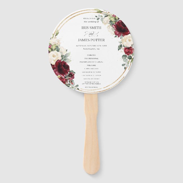 Rustic Burgundy Ivory Floral Gold Wedding Program Hand Fan (Front)