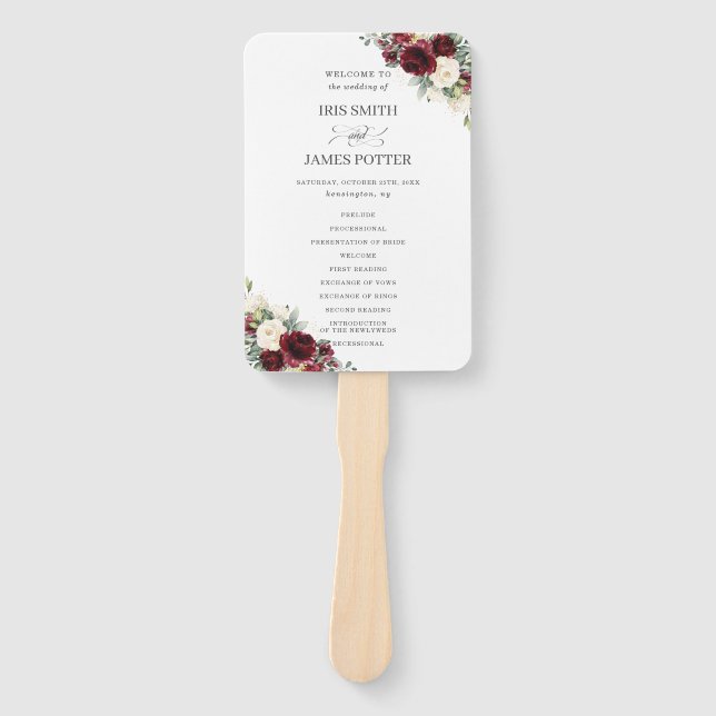 Rustic Burgundy Ivory Floral Wedding Program Hand Fan (Front)