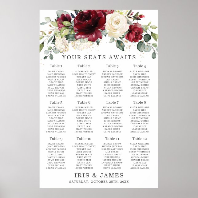 Rustic Burgundy Ivory Floral Wedding Seating Chart (Front)