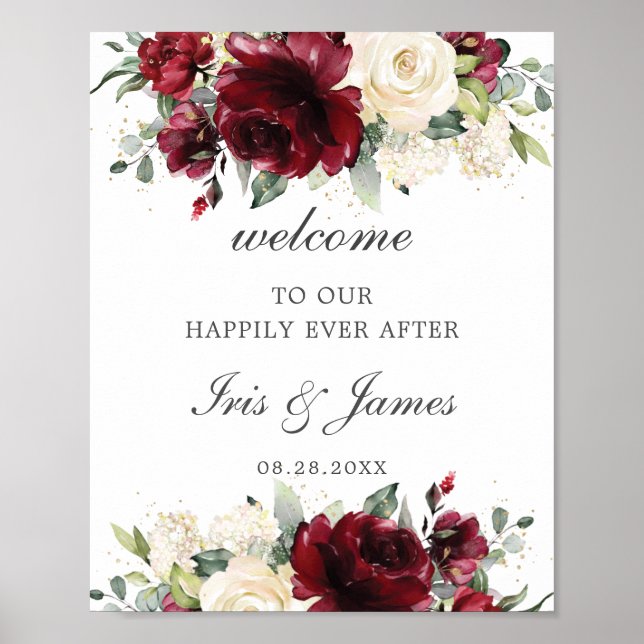 Rustic Burgundy Ivory Floral Wedding Welcome Sign (Front)
