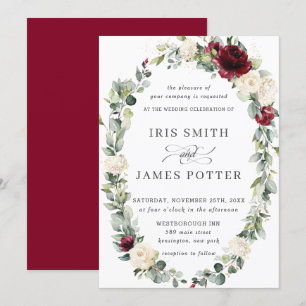 Rustic Burgundy Ivory Floral Wreath Leafy Wedding Invitation