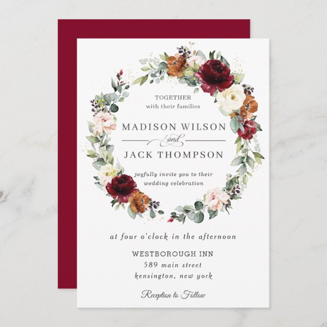 Rustic Burgundy Ivory Orange Floral Wreath Wedding Invitation (Front/Back)