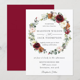 Rustic Burgundy Ivory Orange Floral Wreath Wedding Invitation