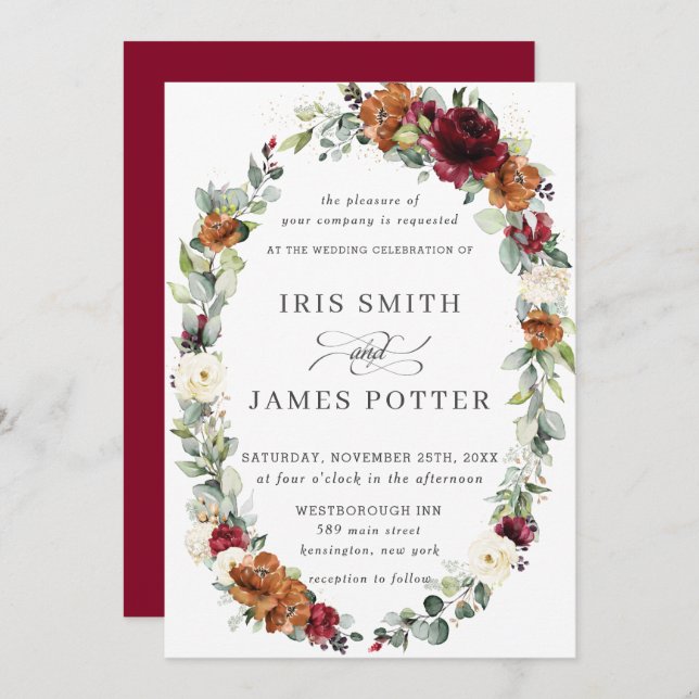 Rustic Burgundy Ivory Orange Floral Wreath Wedding Invitation (Front/Back)