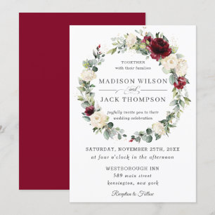 Rustic Burgundy Ivory White Floral Wreath Wedding Invitation