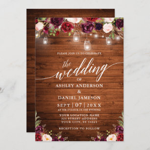 Rustic Burgundy Jar Lights Calligraphy Wedding Invitation
